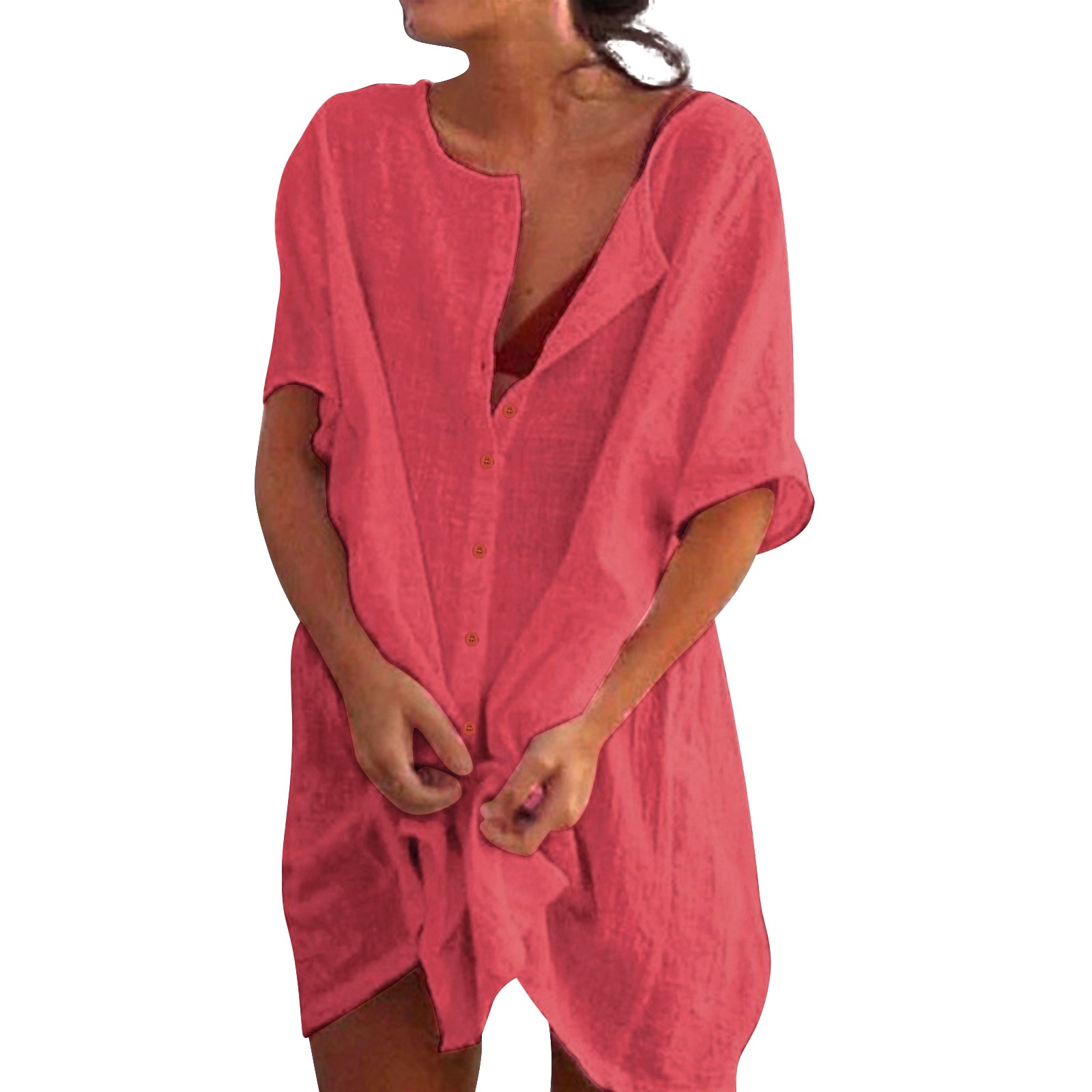 thumbnail image 4 of Camisa de gasa lisa holgada de manga corta y cuello redondo profundo para mujer, ideal para combinar con vaqueros o faldas, tallas S-XXL, 4 of 8